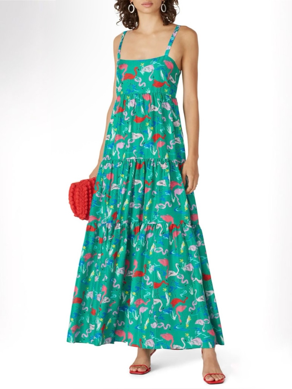Tanya Taylor Green Flamingo Print Tiered Sundress 100% Silk Women’s Size 12